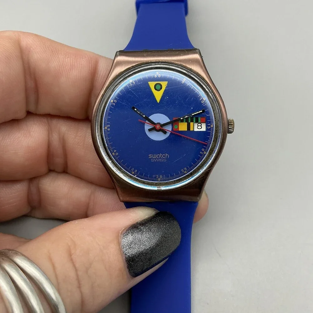 Vintage Tango Azul Swatch Mens Watch 34mm Blue Dial Silicone Date New Battery